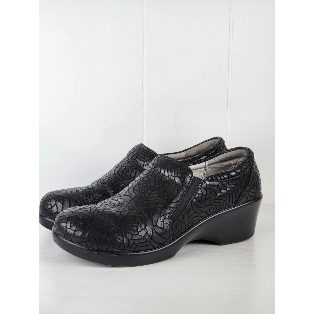 Alegria Eryn Black Embossed Leather Wedge Clogs Slip On Shoes ERY-586 Size 40